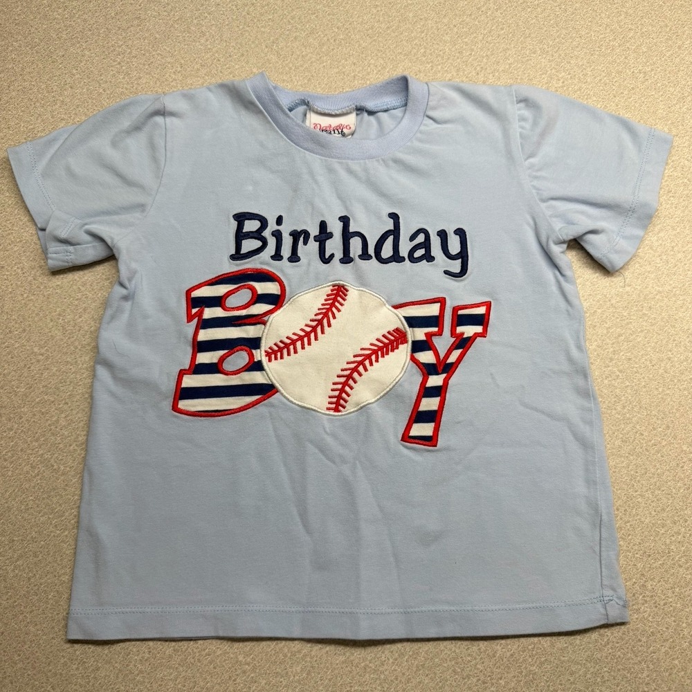 Happy Birthday Boy Baseball Natalie Grant Sz 5 Embroidered Blue Shirt‎